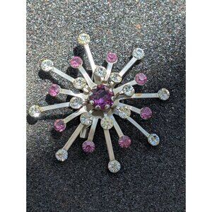 Vintage Atomic Starburst Rhinestone Brooch With Purple & Clear Stones Pinback